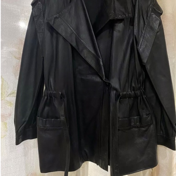 Bloomingdales 90's Y2K black leather jacket ~ Wide Lapel, Waist Length M Oversiz - Picture 3 of 7